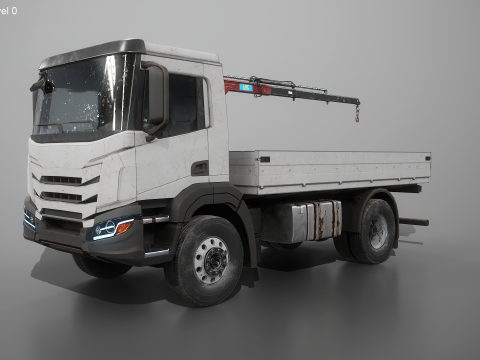 Truk Flatbed Realistis dengan Loader Crane Berumur dan Berkarat Model 3D