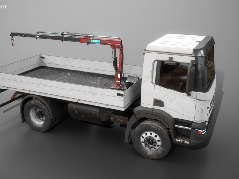 Truk Flatbed Realistis dengan Loader Crane Berumur dan Berkarat Model 3D