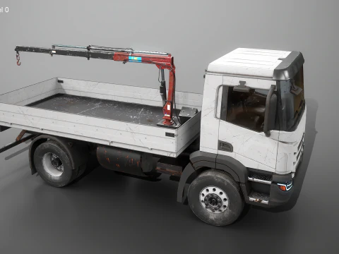 Realistic Flatbed Truck with Loader Crane Aged and Rusted 3D Model