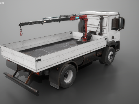 Truk Flatbed Realistis dengan Loader Crane Berumur dan Berkarat Model 3D