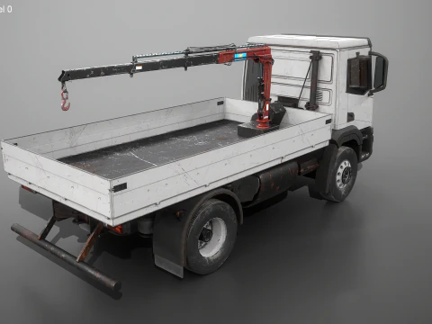 Realistic Flatbed Truck with Loader Crane Aged and Rusted 3D Model