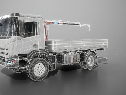 Realistic Flatbed Truck with Loader Crane Aged and Rusted 3D Model