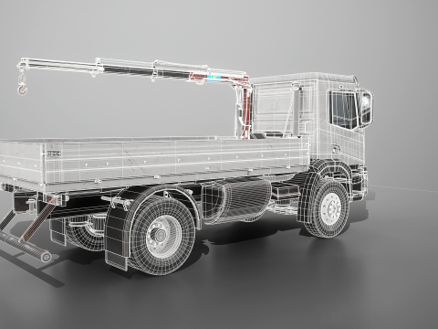 Truk Flatbed Realistis dengan Loader Crane Berumur dan Berkarat Model 3D