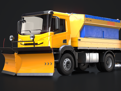 Realistico camion spazzaneve - Veicolo per il servizio invernale con aratro e spargisale Modello 3D