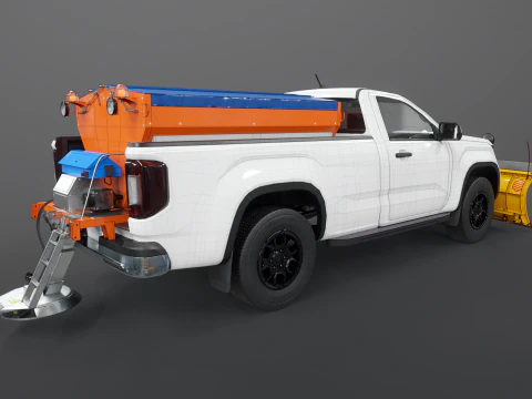 Snow Plow Pickup Truck - Winter Service Utility Vehicle with Spreader and Blade 3D Model