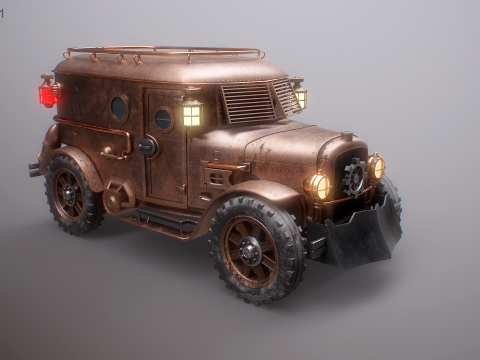 スチームパンク装甲バン PBR テクスチャ車両 3Dモデル