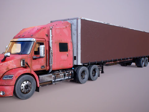Used Aged Semi Truck Sleeper Cab with Curtain Trailer 3D Model