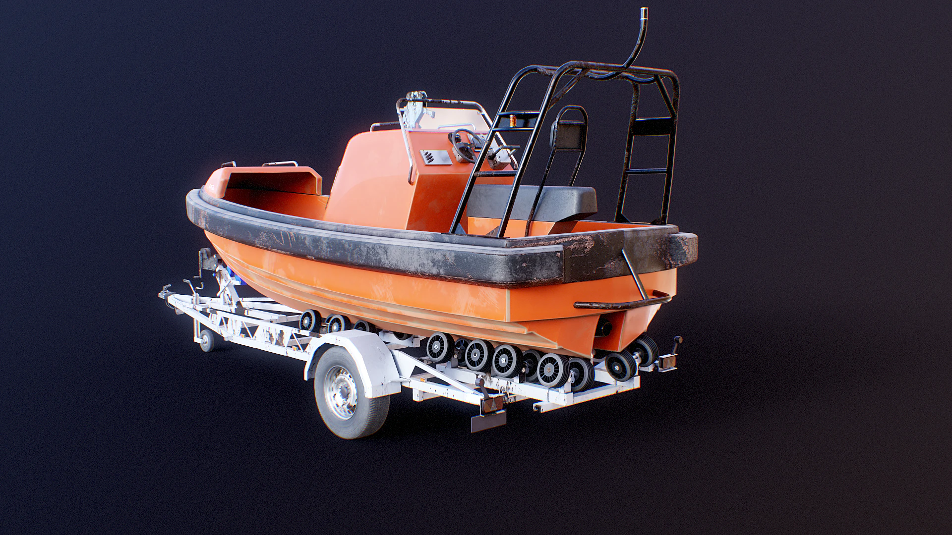 Used Boat Trailer and Rescue Motorboat 3D Model .c4d .max .obj .3ds .fbx .stl .blend 