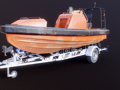 Used Boat Trailer and Rescue Motorboat 3D Model