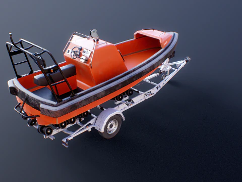 Used Boat Trailer and Rescue Motorboat 3D Model