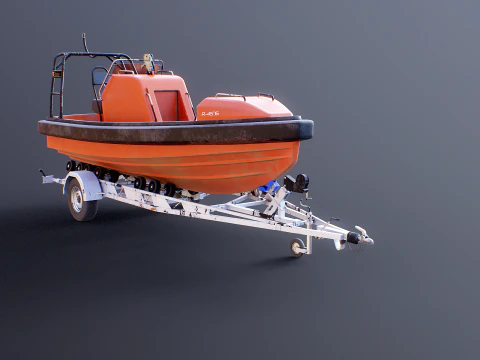 Used Boat Trailer and Rescue Motorboat 3D Model