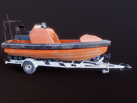 Used Boat Trailer and Rescue Motorboat 3D Model