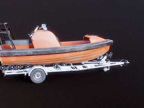 Used Boat Trailer and Rescue Motorboat 3D Model