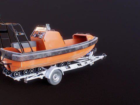 Used Boat Trailer and Rescue Motorboat 3D Model