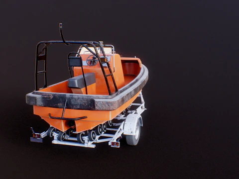 Used Boat Trailer and Rescue Motorboat 3D Model