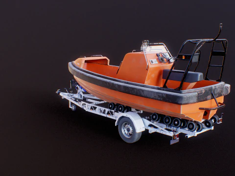 Used Boat Trailer and Rescue Motorboat 3D Model