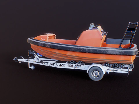 Used Boat Trailer and Rescue Motorboat 3D Model