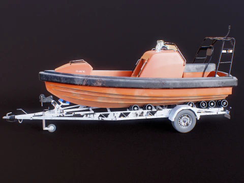 Used Boat Trailer and Rescue Motorboat 3D Model