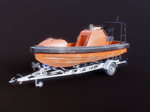 Used Boat Trailer and Rescue Motorboat 3D Model