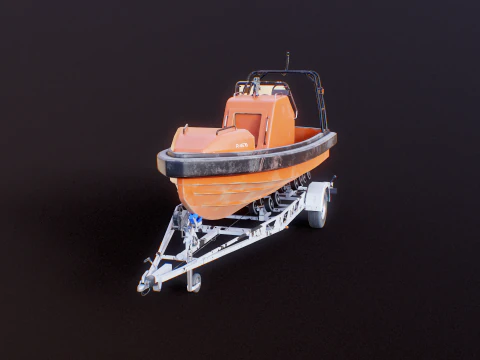 Used Boat Trailer and Rescue Motorboat 3D Model