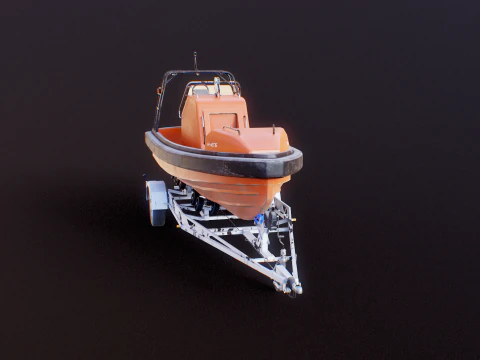 Used Boat Trailer and Rescue Motorboat 3D Model