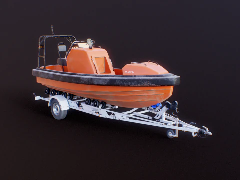 Used Boat Trailer and Rescue Motorboat 3D Model