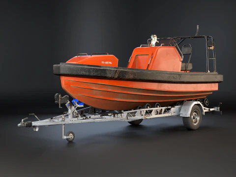Used Boat Trailer and Rescue Motorboat 3D Model
