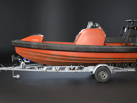 Used Boat Trailer and Rescue Motorboat 3D Model