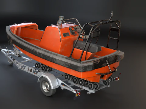 Used Boat Trailer and Rescue Motorboat 3D Model