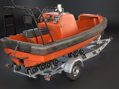 Used Boat Trailer and Rescue Motorboat 3D Model