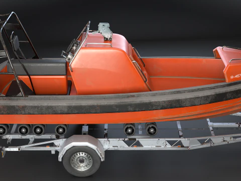Used Boat Trailer and Rescue Motorboat 3D Model