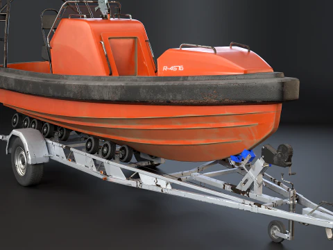 Used Boat Trailer and Rescue Motorboat 3D Model