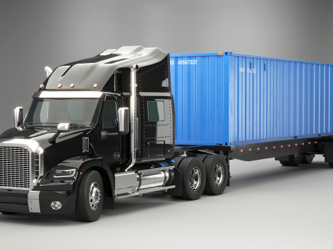 Semi caminh&atilde;o gen&eacute;rico com reboque de cont&ecirc;iner ISO Modelo 3D