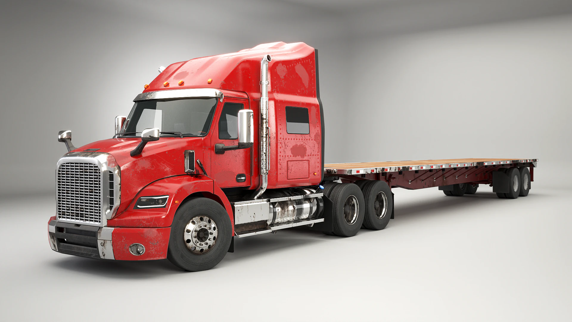 Generic Used Semi Truck with Flatbed Trailer 3D Model .c4d .max .obj .3ds .fbx .stl .blend 