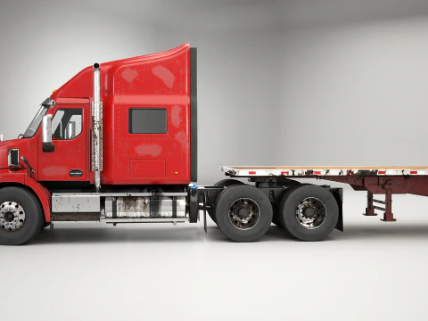 Generic Used Semi Truck with Flatbed Trailer 3D Model