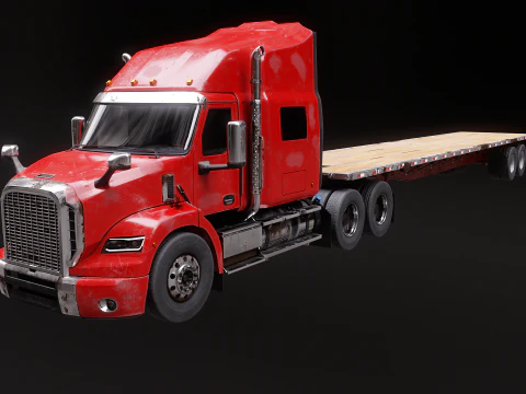 Generic Used Semi Truck with Flatbed Trailer 3D Model