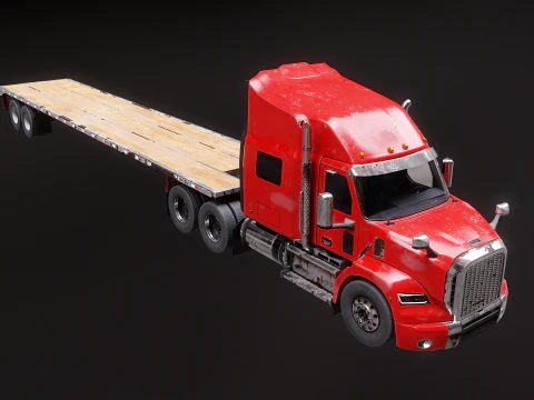 Generic Used Semi Truck with Flatbed Trailer 3D Model