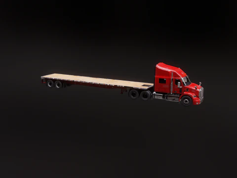 Generic Used Semi Truck with Flatbed Trailer 3D Model