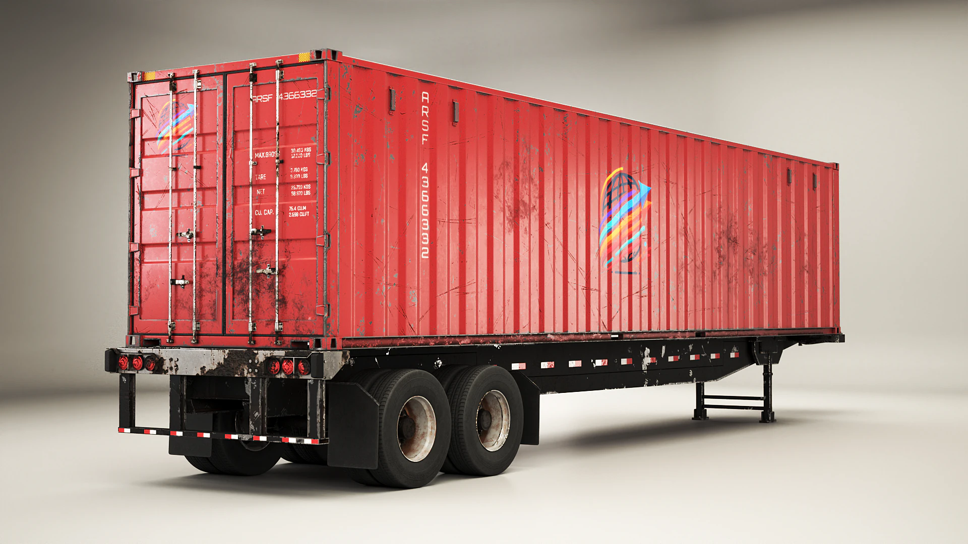 Used Old ISO Shipping Container Semi Trailer 3D Model .c4d .max .obj .3ds .fbx .stl .blend 