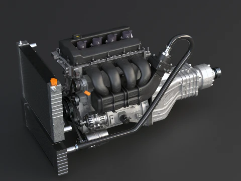 Straight-Four Turbo Engine and Gearbox 3D Model