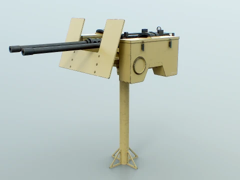 Anti-Aircraft Twin Machinegun Turret PBR Yellow 3D Model