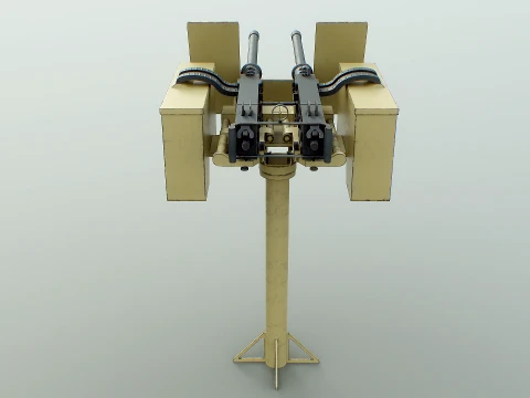 Anti-Aircraft Twin Machinegun Turret PBR Yellow 3D Model