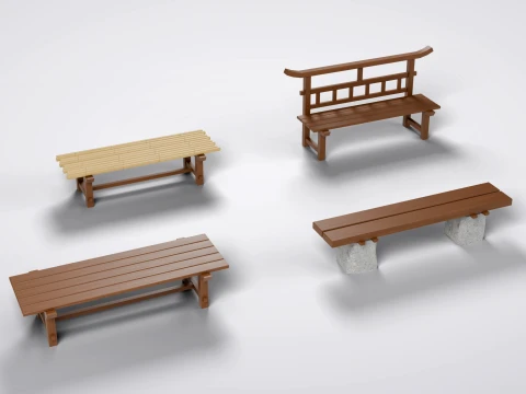 Japanese Wooden Bench Pack - 4 Game-Ready Benches with Bamboo 3D Model
