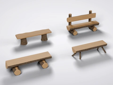 Rustic Log Bench Pack - 4 Game-Ready Wooden Benches 3D Model
