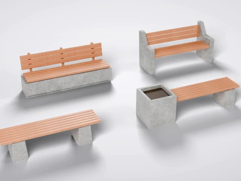 Modern Concrete and Wood Park Bench Pack - 4 Game-Ready Benches 3D Model