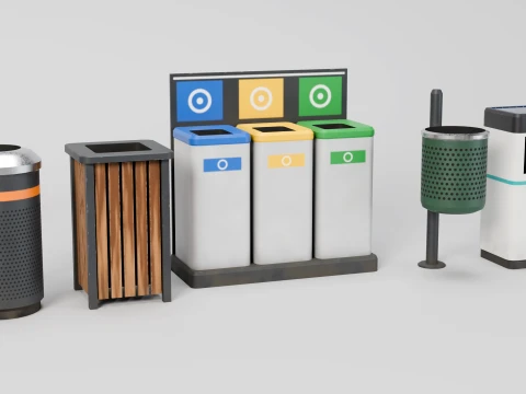 Modern Street Trash Bins Pack - 5 Game Ready Low Poly PBR Models Modelo 3D