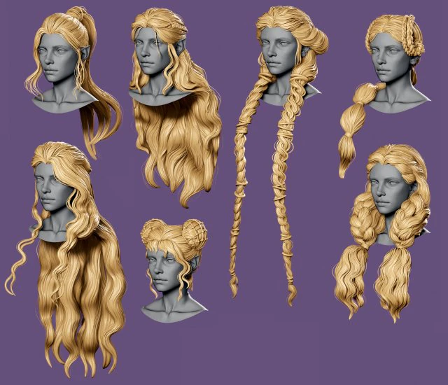 7 Fantasy female hairstyles 3D Model .c4d .max .obj .3ds .fbx .stl .blend 