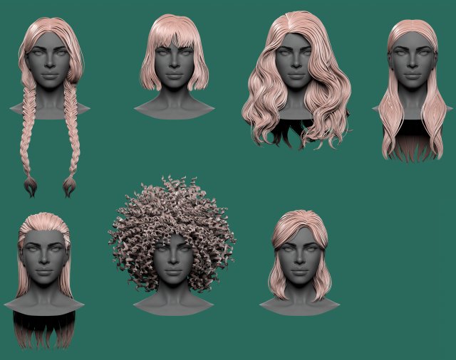 7 Female hair models Model 3D .c4d .max .obj .3ds .fbx .stl .blend 