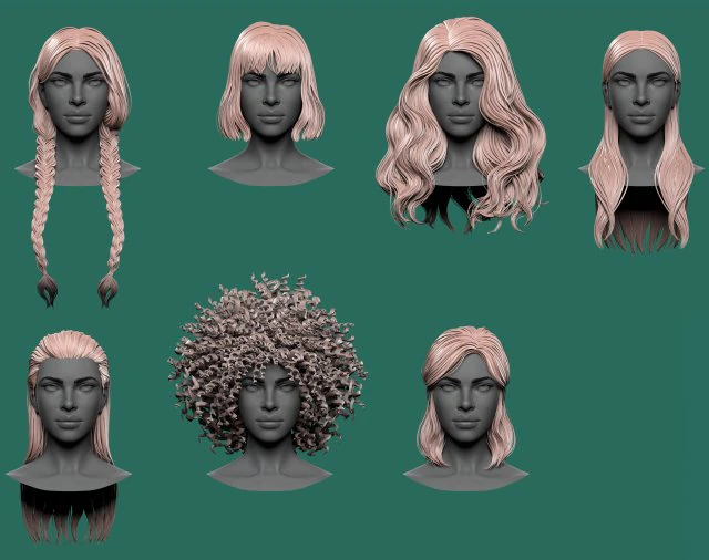 7 Female hair models 3D Model .c4d .max .obj .3ds .fbx .stl .blend