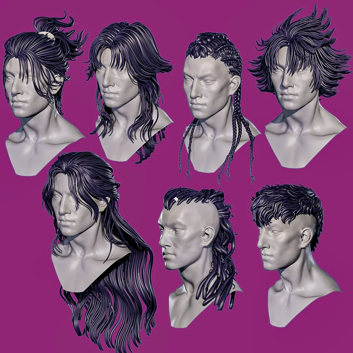 7 fantasy male hair models with the head model included - Bundle 3D Model .c4d .max .obj .3ds .fbx .stl .blend